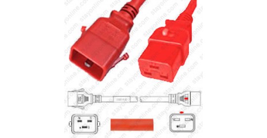 IEC320 C20 Male Plug to C19 Connector Dual-Lock 1.8mtr / 6ft 20a/250v 12/3 SJT Red