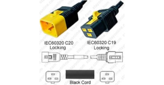IEC320 C20 Male Plug to C19 Connector V-Lock 0.9mtr / 3ft 16a/250v H05VV-F3G1.5 & 14/3 SJT Black