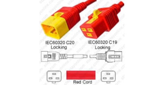 IEC320 C20 Male Plug to C19 Connector V-Lock 1.8mtr / 6ft 16a/250v H05VV-F3G1.5 & 14/3 SJT Red